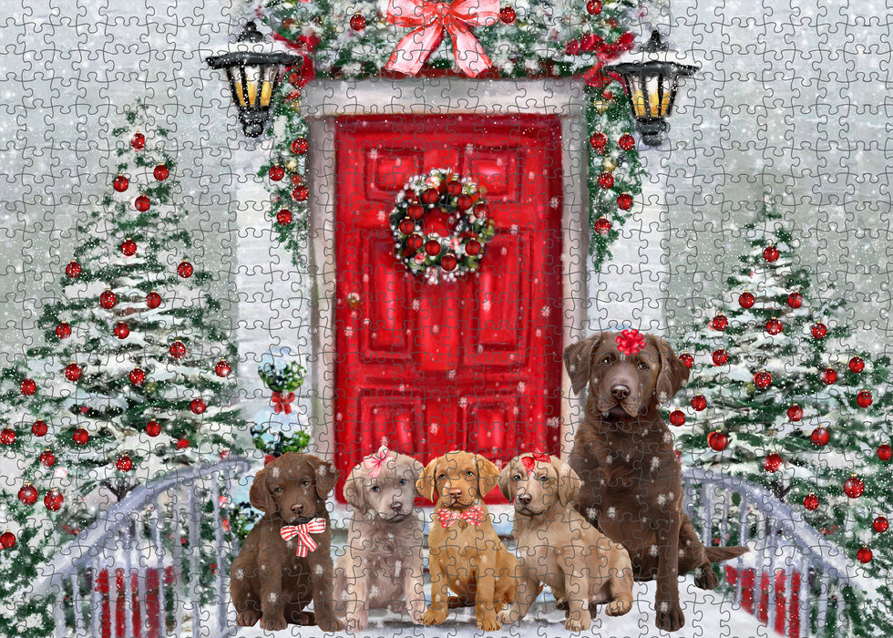 Christmas Holiday Welcome Chesapeake Bay Retriever Dogs Portrait Jigsaw Puzzle for Adults Animal Interlocking Puzzle Game Unique Gift for Dog Lover's with Metal Tin Box