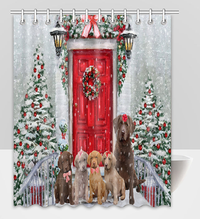 Christmas Holiday Welcome Chesapeake Bay Retriever Dogs Shower Curtain Pet Painting Bathtub Curtain Waterproof Polyester One-Side Printing Decor Bath Tub Curtain for Bathroom with Hooks