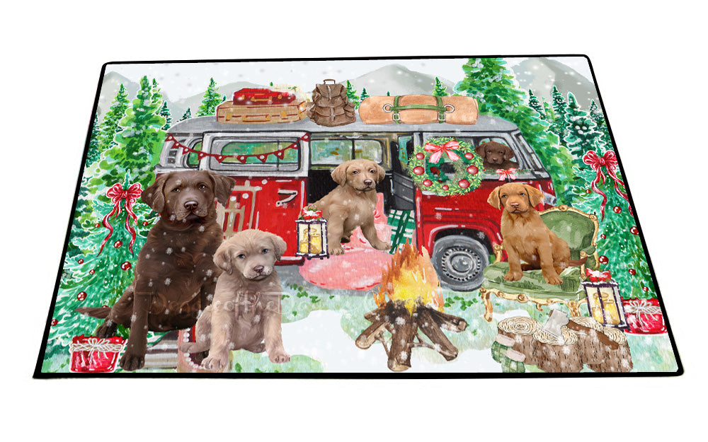Christmas Time Camping with Chesapeake Bay Retriever Dogs Floor Mat- Anti-Slip Pet Door Mat Indoor Outdoor Front Rug Mats for Home Outside Entrance Pets Portrait Unique Rug Washable Premium Quality Mat