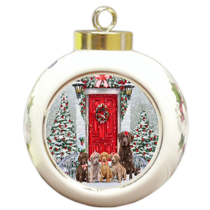 Christmas Holiday Welcome Chesapeake Bay Retriever Dogs Round Ball Christmas Ornament Pet Decorative Hanging Ornaments for Christmas X-mas Tree Decorations - 3" Round Ceramic Ornament