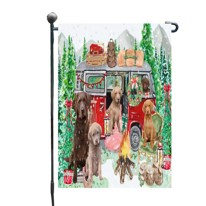 Christmas Time Camping with Chesapeake Bay Retriever Dogs Garden Flags- Outdoor Double Sided Garden Yard Porch Lawn Spring Decorative Vertical Home Flags 12 1/2"w x 18"h