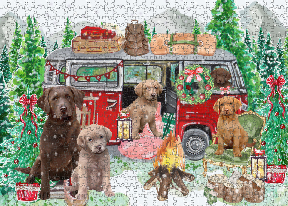 Christmas Time Camping with Chesapeake Bay Retriever Dogs Portrait Jigsaw Puzzle for Adults Animal Interlocking Puzzle Game Unique Gift for Dog Lover's with Metal Tin Box