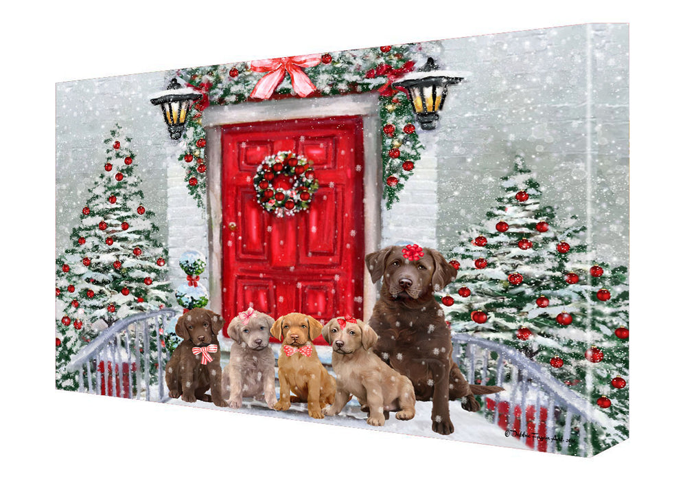 Christmas Holiday Welcome Chesapeake Bay Retriever Dogs Canvas Wall Art - Premium Quality Ready to Hang Room Decor Wall Art Canvas - Unique Animal Printed Digital Painting for Decoration