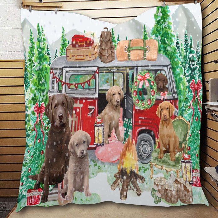 Christmas Time Camping with Chesapeake Bay Retriever Dogs  Quilt Bed Coverlet Bedspread - Pets Comforter Unique One-side Animal Printing - Soft Lightweight Durable Washable Polyester Quilt