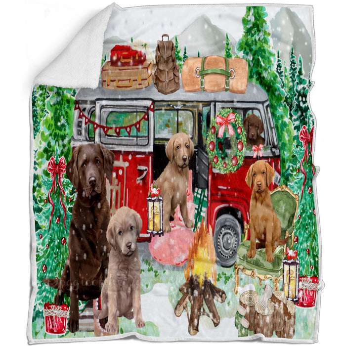 Christmas Time Camping with Chesapeake Bay Retriever Dogs Blanket - Lightweight Soft Cozy and Durable Bed Blanket - Animal Theme Fuzzy Blanket for Sofa Couch