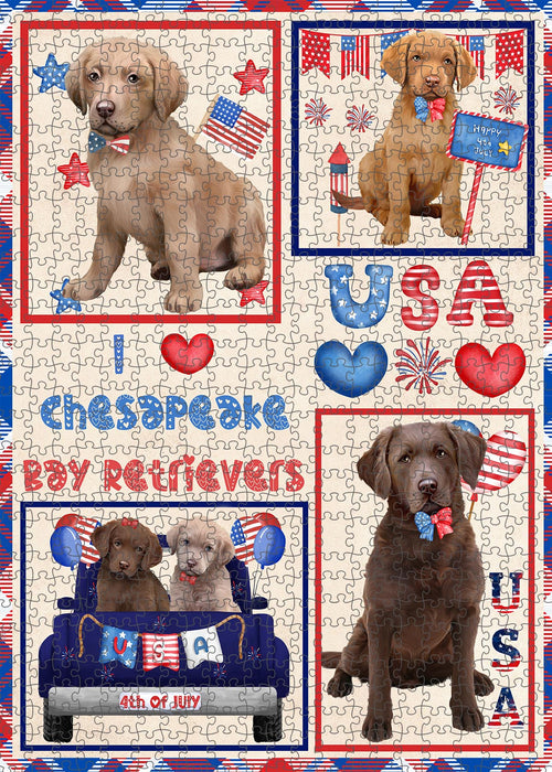 4th of July Independence Day I Love USA Chesapeake Bay Retriever Dogs Portrait Jigsaw Puzzle for Adults Animal Interlocking Puzzle Game Unique Gift for Dog Lover's with Metal Tin Box