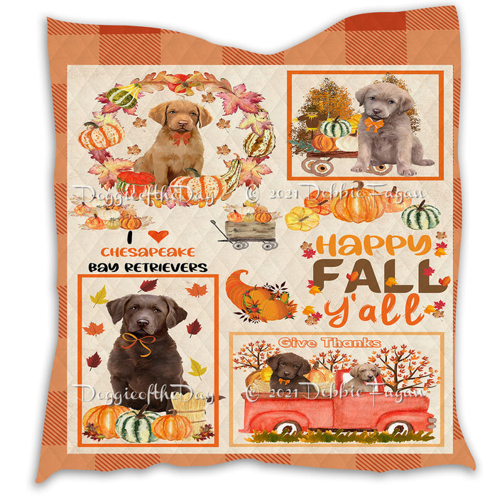 Happy Fall Y'all Pumpkin Chesapeake Bay Retriever Dogs Quilt Bed Coverlet Bedspread - Pets Comforter Unique One-side Animal Printing - Soft Lightweight Durable Washable Polyester Quilt