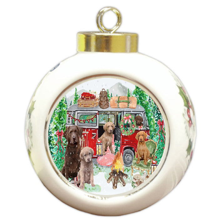 Christmas Time Camping with Chesapeake Bay Retriever Dogs Round Ball Christmas Ornament Pet Decorative Hanging Ornaments for Christmas X-mas Tree Decorations - 3" Round Ceramic Ornament