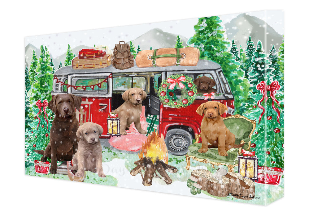 Christmas Time Camping with Chesapeake Bay Retriever Dogs Canvas Wall Art - Premium Quality Ready to Hang Room Decor Wall Art Canvas - Unique Animal Printed Digital Painting for Decoration