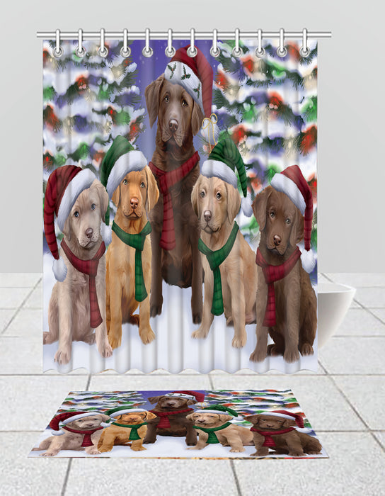Chesapeake Bay Retriever Dogs Christmas Family Portrait in Holiday Scenic Background  Bath Mat and Shower Curtain Combo