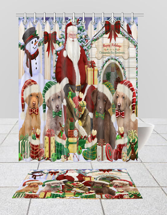 Happy Holidays Christmas Chesapeake Bay Retriever Dogs House Gathering Bath Mat and Shower Curtain Combo