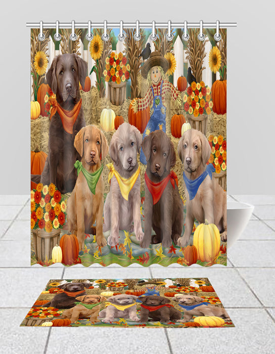 Fall Festive Harvest Time Gathering Chesapeake Bay Retriever Dogs Bath Mat and Shower Curtain Combo