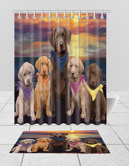 Family Sunset Portrait Chesapeake Bay Retriever Dogs Bath Mat and Shower Curtain Combo
