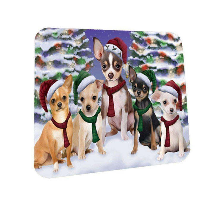 Chihuahua Dog Christmas Family Portrait in Holiday Scenic Background Coasters Set of 4