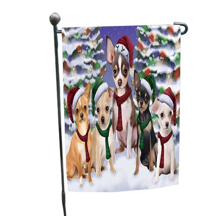Chihuahua Dog Christmas Family Portrait in Holiday Scenic Background Garden Flag