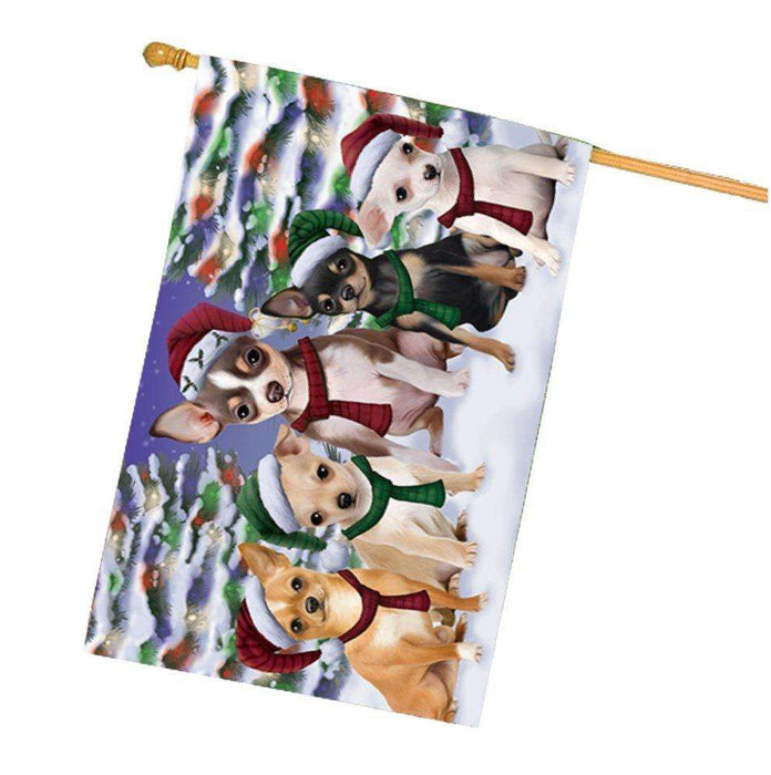 Chihuahua Dog Christmas Family Portrait in Holiday Scenic Background House Flag