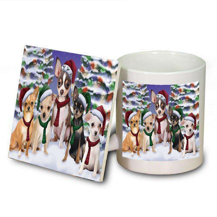 Chihuahua Dog Christmas Family Portrait in Holiday Scenic Background Mug and Coaster Set