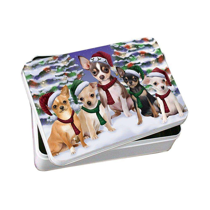 Chihuahua Dog Christmas Family Portrait in Holiday Scenic Background Photo Storage Tin