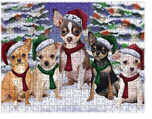 Chihuahua Dog Christmas Family Portrait in Holiday Scenic Background Puzzle with Photo Tin