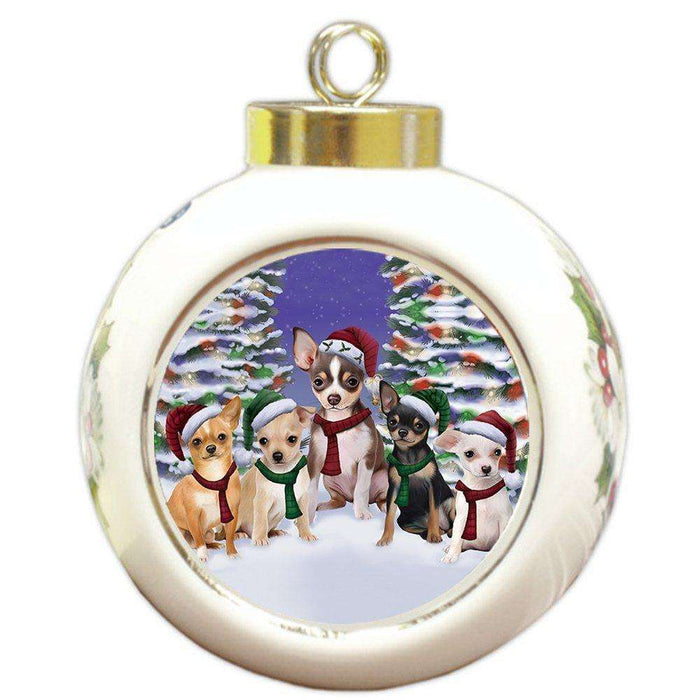 Chihuahua Dog Christmas Family Portrait in Holiday Scenic Background Round Ball Ornament