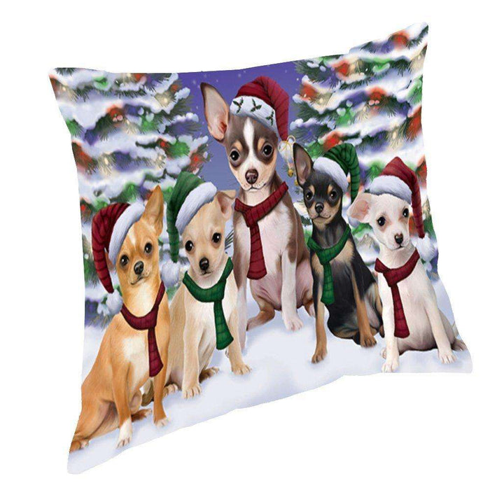 Chihuahua Dog Christmas Family Portrait in Holiday Scenic Background Throw Pillow