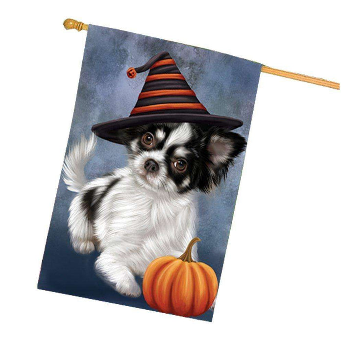 Chihuahua Dog Wearing Witch Hat with Pumpkin House Flag