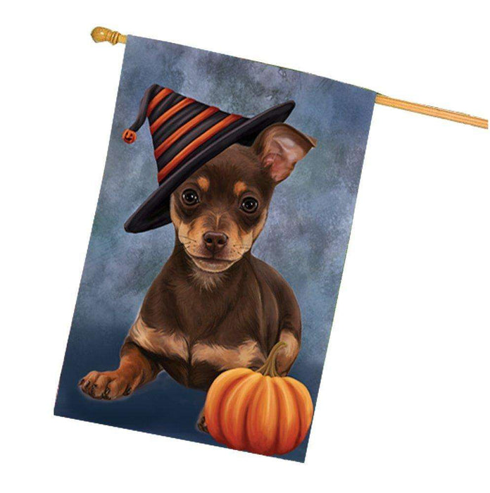 Chihuahua Puppy Dog Wearing Witch Hat with Pumpkin House Flag