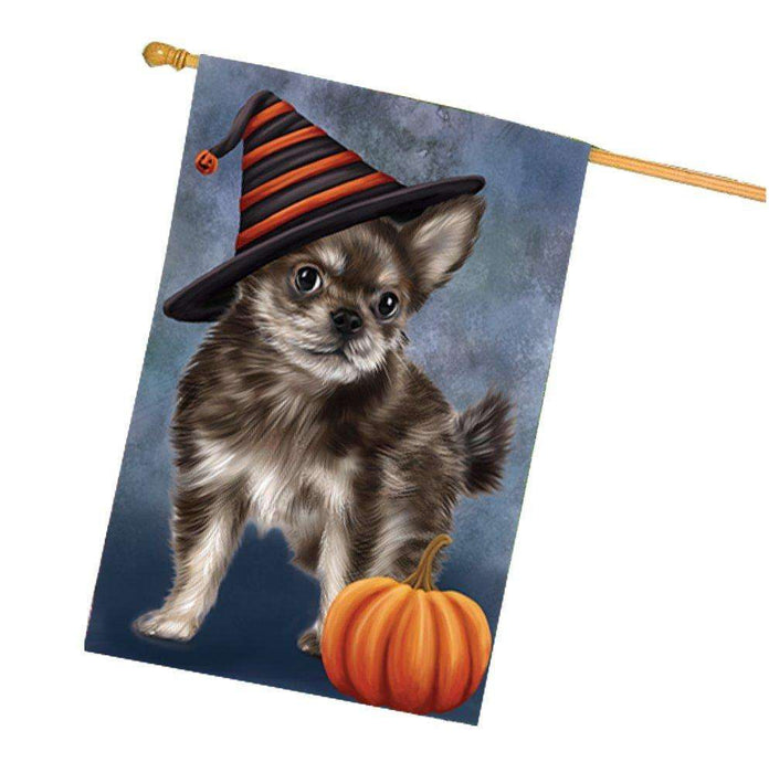 Chihuahua Puppy Dog Wearing Witch Hat with Pumpkin House Flag