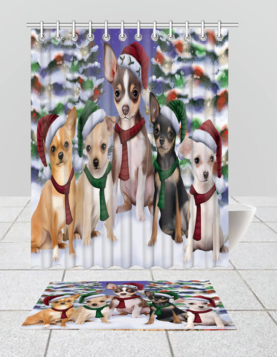 Chihuahua Dogs Christmas Family Portrait in Holiday Scenic Background  Bath Mat and Shower Curtain Combo