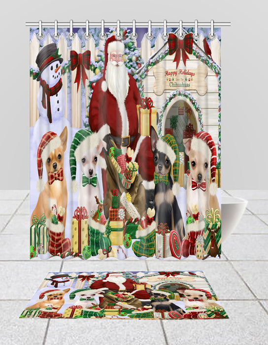 Happy Holidays Christmas Chihuahua Dogs House Gathering Bath Mat and Shower Curtain Combo