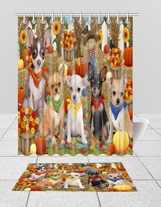 Fall Festive Harvest Time Gathering Chihuahua Dogs Bath Mat and Shower Curtain Combo