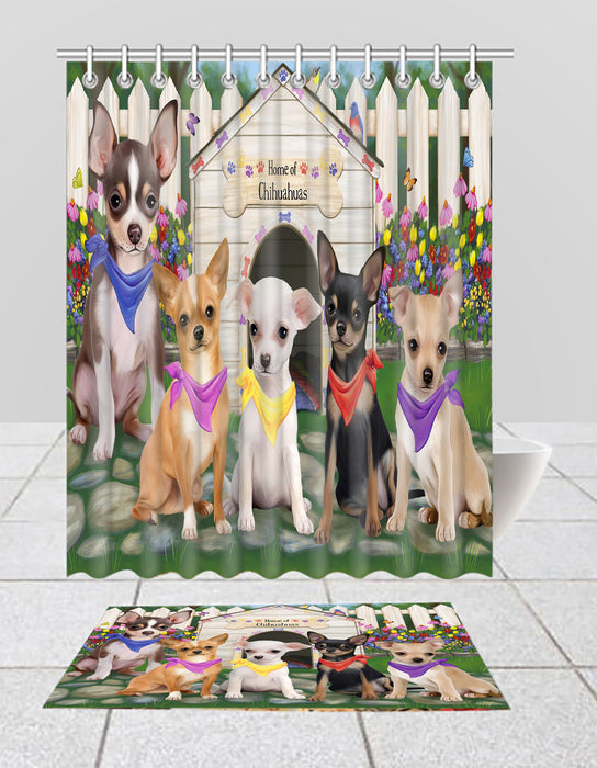 Spring Dog House Chihuahua Dogs Bath Mat and Shower Curtain Combo