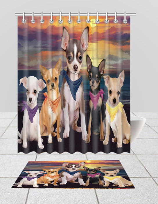 Family Sunset Portrait Chihuahua Dogs Bath Mat and Shower Curtain Combo