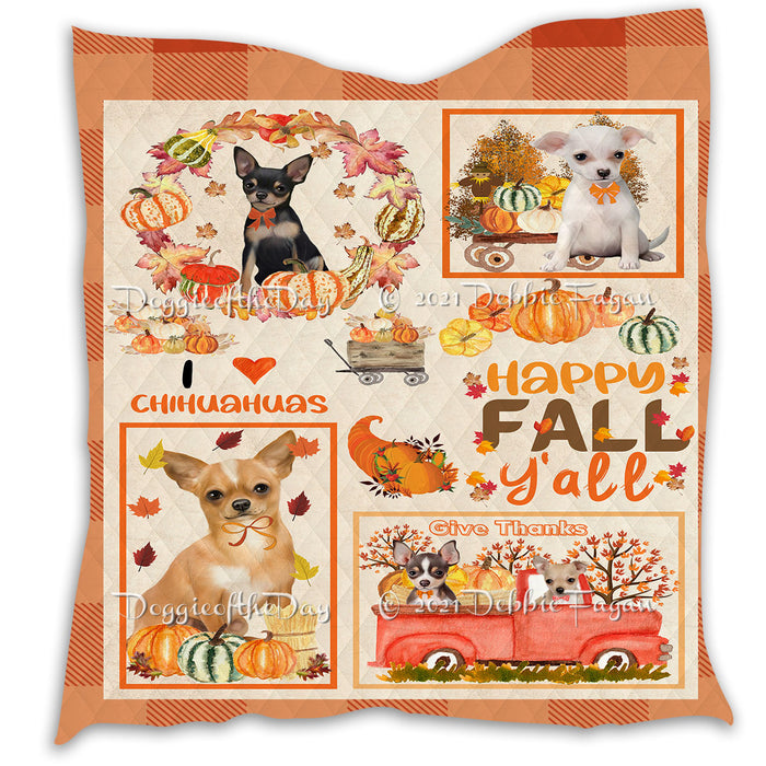 Happy Fall Y'all Pumpkin Chihuahua Dogs Quilt Bed Coverlet Bedspread - Pets Comforter Unique One-side Animal Printing - Soft Lightweight Durable Washable Polyester Quilt