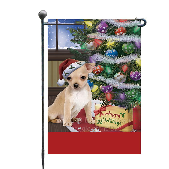 Personalized Christmas Happy Holidays Chihuahua Dog with Tree and Presents Custom Garden Flags GFLG-DOTD-A58616