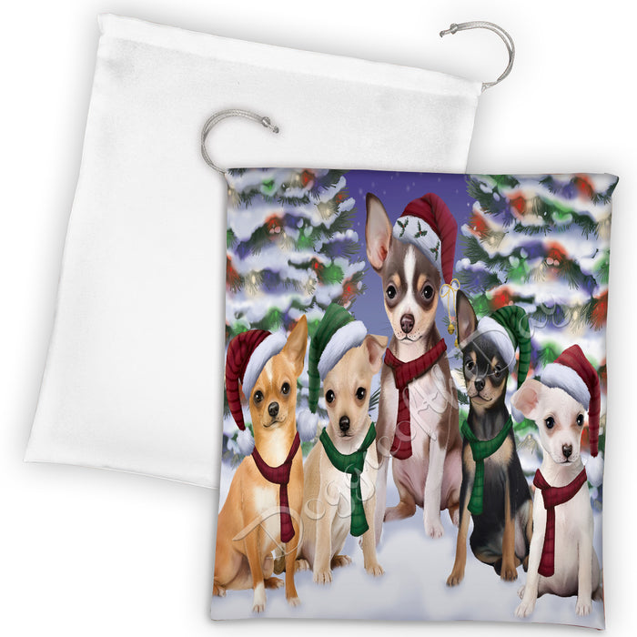 Chihuahua Dogs Christmas Family Portrait in Holiday Scenic Background Drawstring Laundry or Gift Bag LGB48132