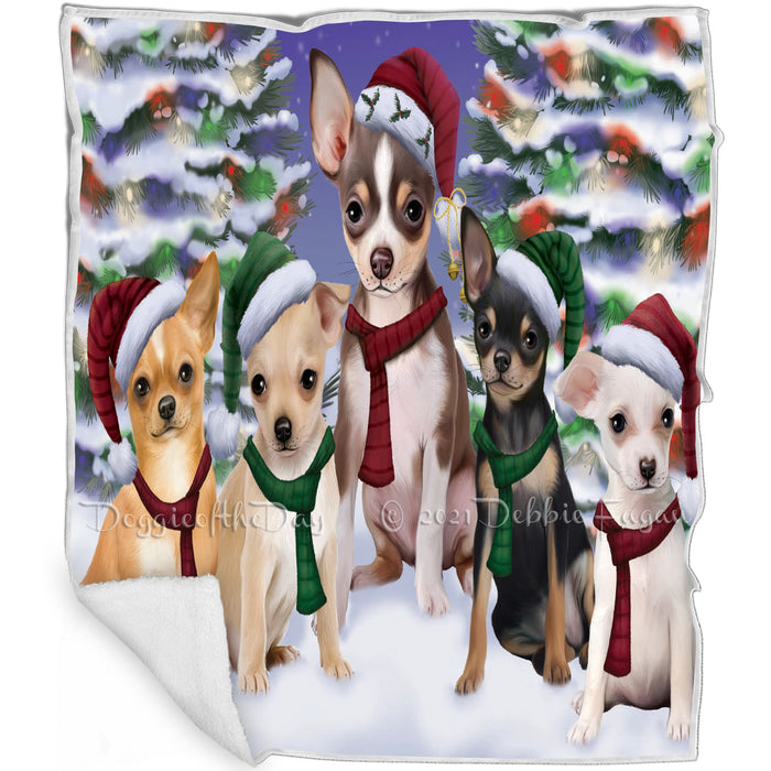 Chihuahua Dog Christmas Family Portrait in Holiday Scenic Background Art Portrait Print Woven Throw Sherpa Plush Fleece Blanket
