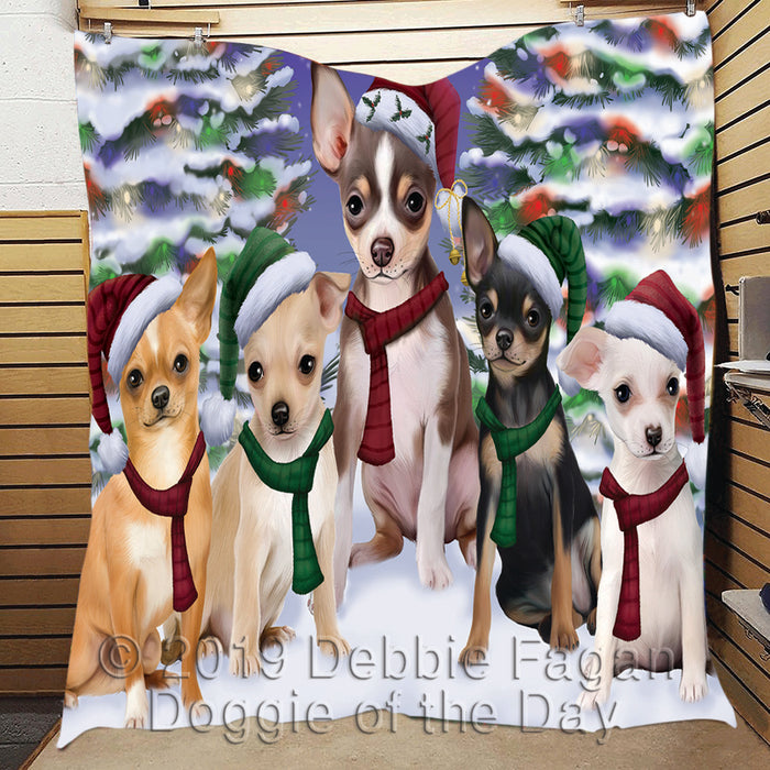Chihuahua Dogs Christmas Family Portrait in Holiday Scenic Background Quilt