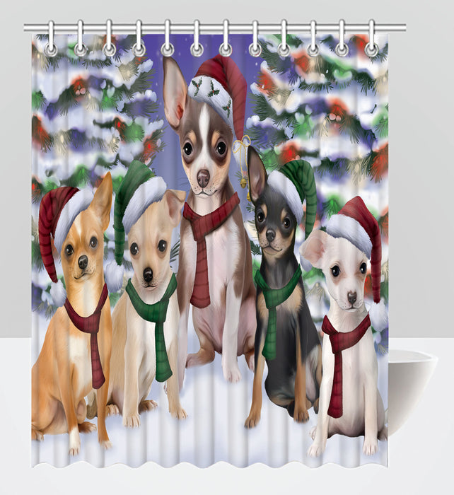 Chihuahua Dogs Christmas Family Portrait in Holiday Scenic Background Shower Curtain