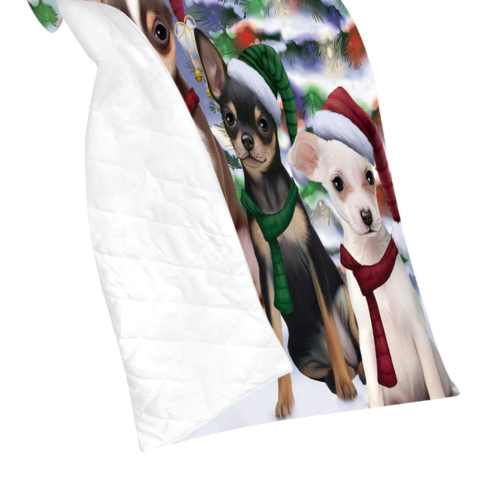 Chihuahua Dogs Christmas Family Portrait in Holiday Scenic Background Quilt