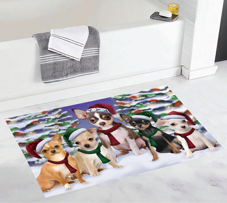 Chihuahua Dogs Christmas Family Portrait in Holiday Scenic Background Bath Mat