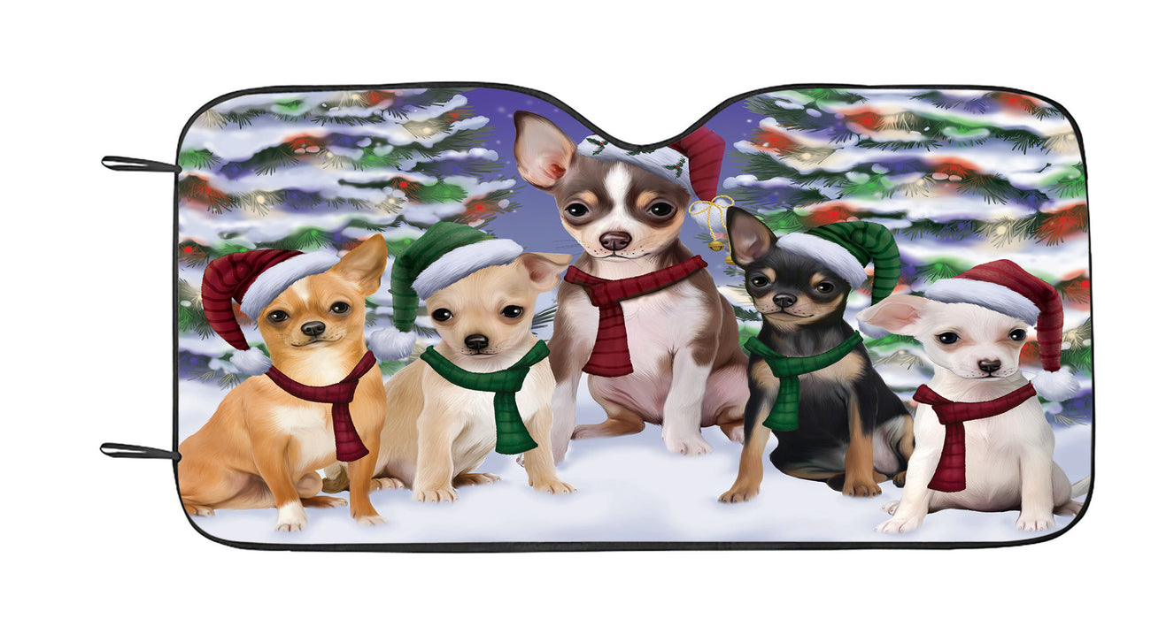 Chihuahua Dogs Christmas Family Portrait in Holiday Scenic Background Car Sun Shade