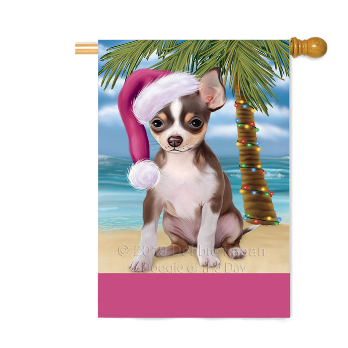 Personalized Summertime Happy Holidays Christmas Chihuahua Dog on Tropical Island Beach Custom House Flag FLG-DOTD-A60508