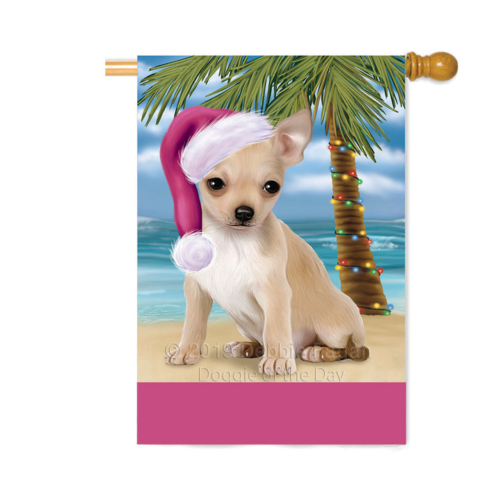 Personalized Summertime Happy Holidays Christmas Chihuahua Dog on Tropical Island Beach Custom House Flag FLG-DOTD-A60509