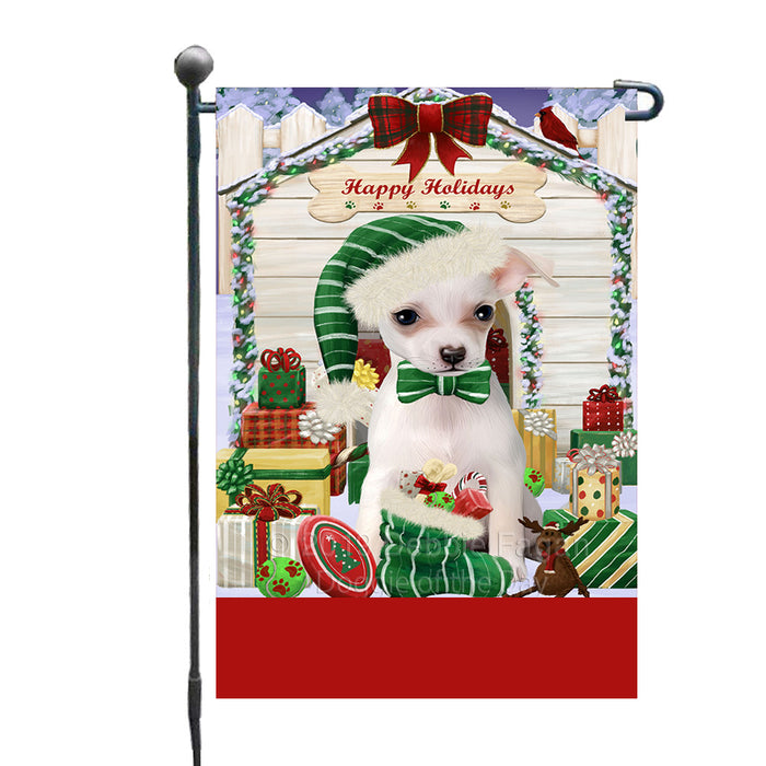 Personalized Happy Holidays Christmas Chihuahua Dog House with Presents Custom Garden Flags GFLG-DOTD-A59306