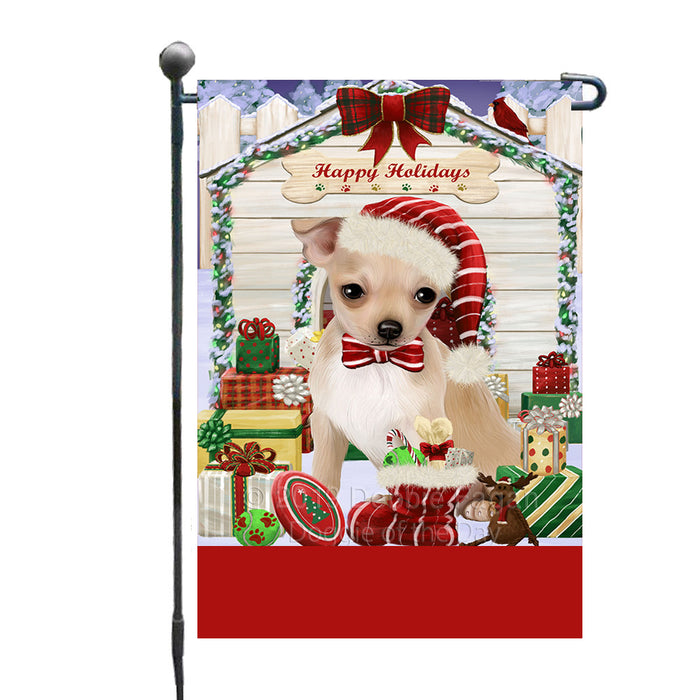 Personalized Happy Holidays Christmas Chihuahua Dog House with Presents Custom Garden Flags GFLG-DOTD-A59308