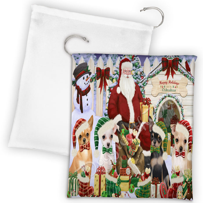 Happy Holidays Christmas Chihuahua Dogs House Gathering Drawstring Laundry or Gift Bag LGB48035