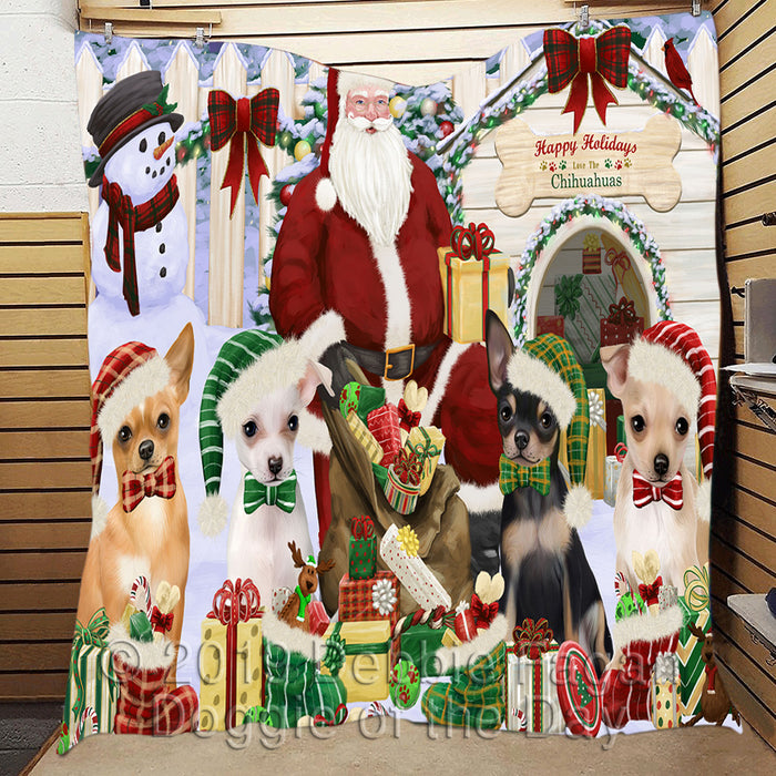 Happy Holidays Christmas Chihuahua Dogs House Gathering Quilt