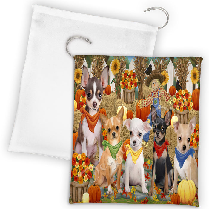 Fall Festive Harvest Time Gathering Chihuahua Dogs Drawstring Laundry or Gift Bag LGB48393