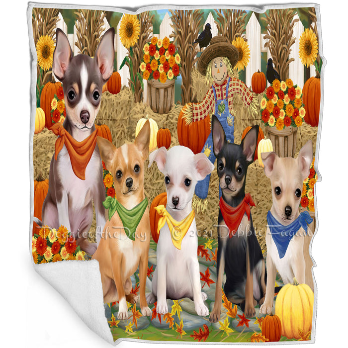 Fall Festive Gathering Chihuahuas Dog with Pumpkins Blanket BLNKT71814